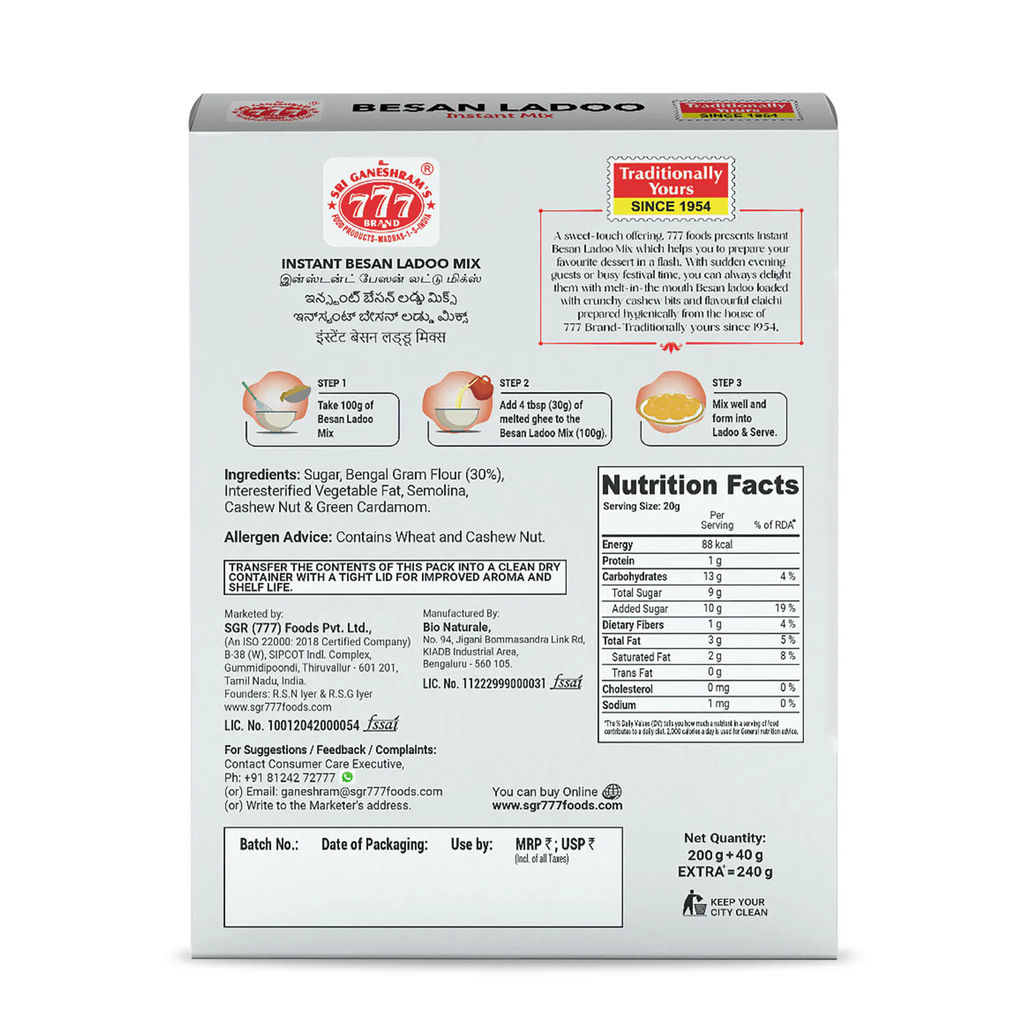 777 Besan Ladoo Instant Mix 200g + 40g - Image 2