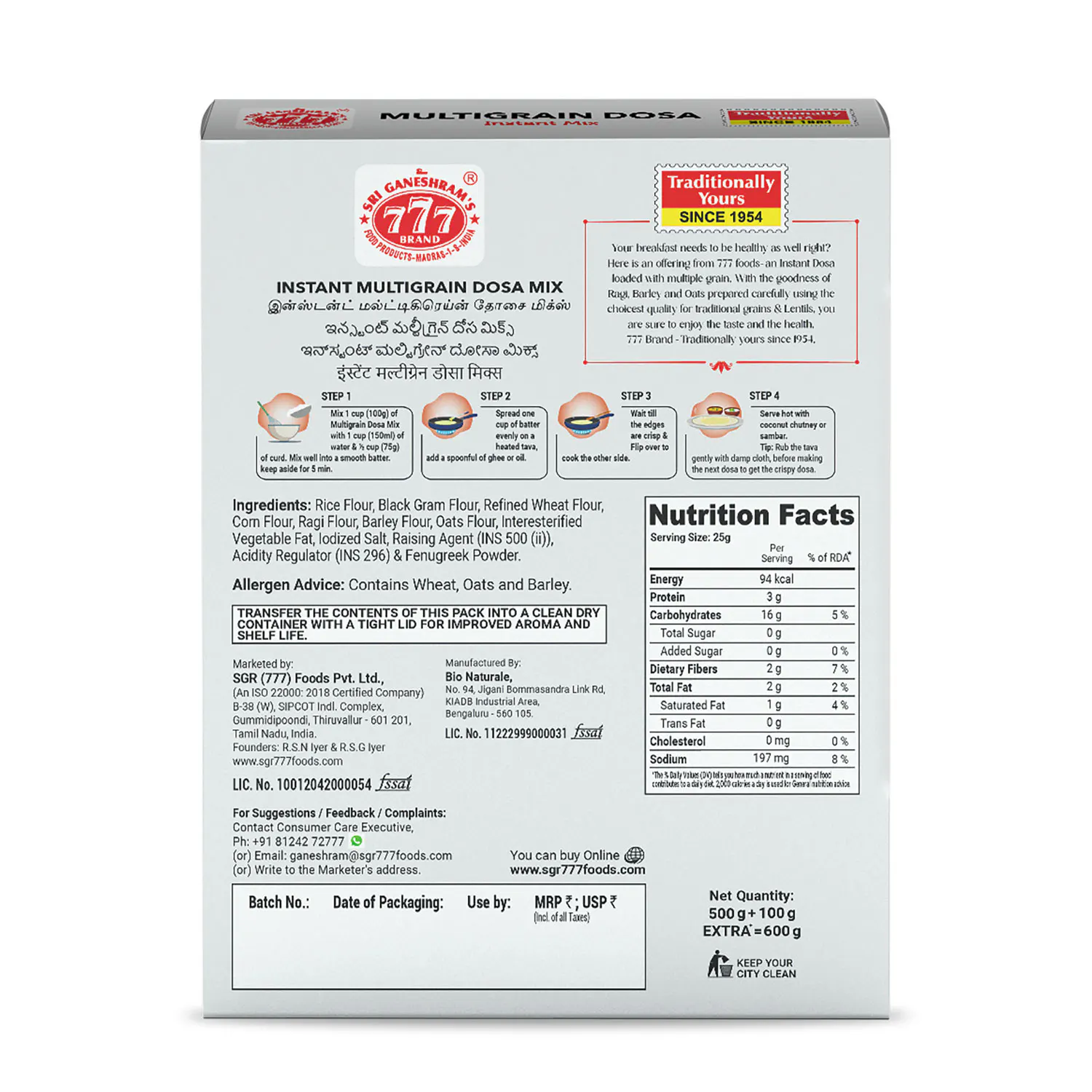 777 Multigrain Dosa Instant Mix 500g + 100g - Image 2